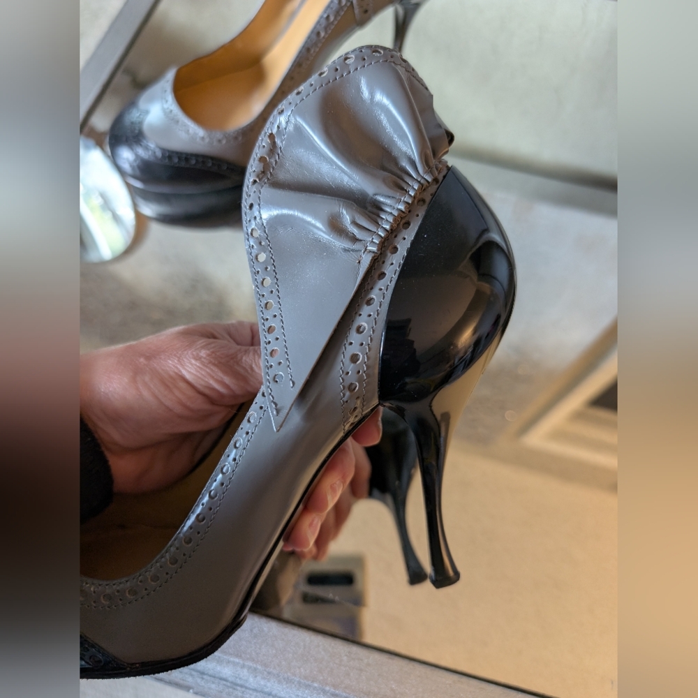 Miu Miu Grey/Black Patent Leather Brogue Platform Pumps - Picture 10 of 16
